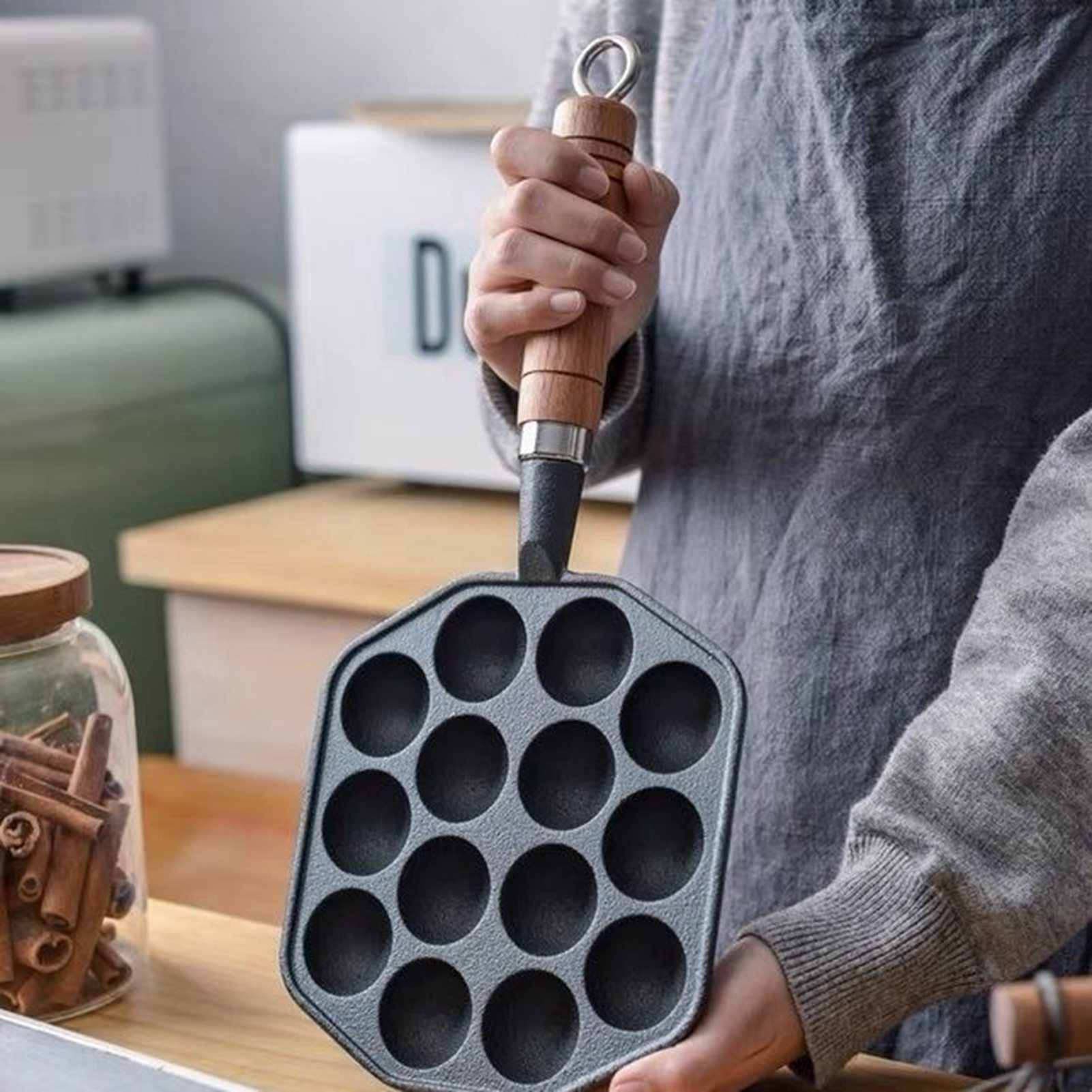 14 Holes Takoyaki Pan Nonstick Cast Iron Octopus Meat Balls Mold Maker With Detachable Handle For Ho
