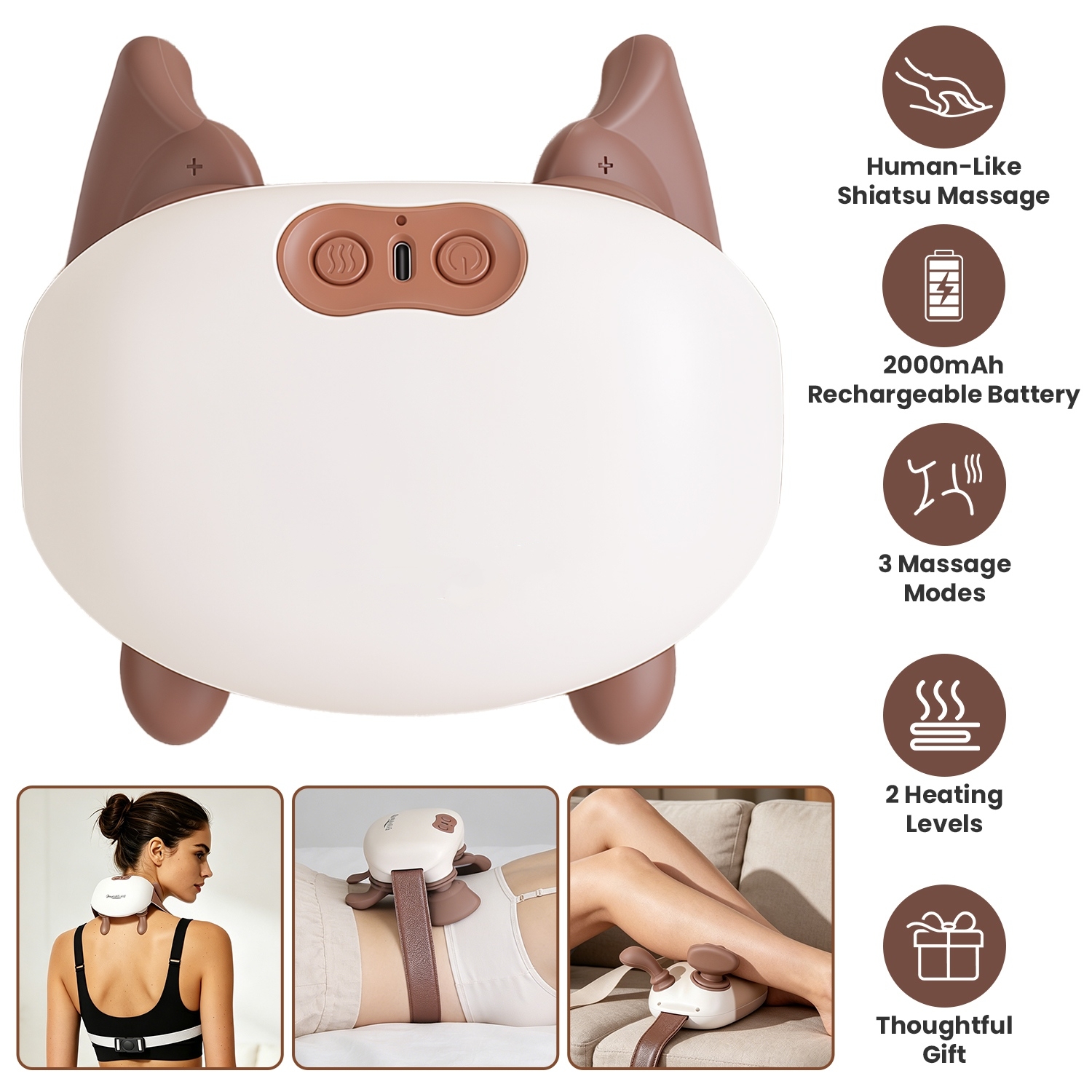 Cordless Shiatsu Neck Massager With Heat, 4 Silicone Massage