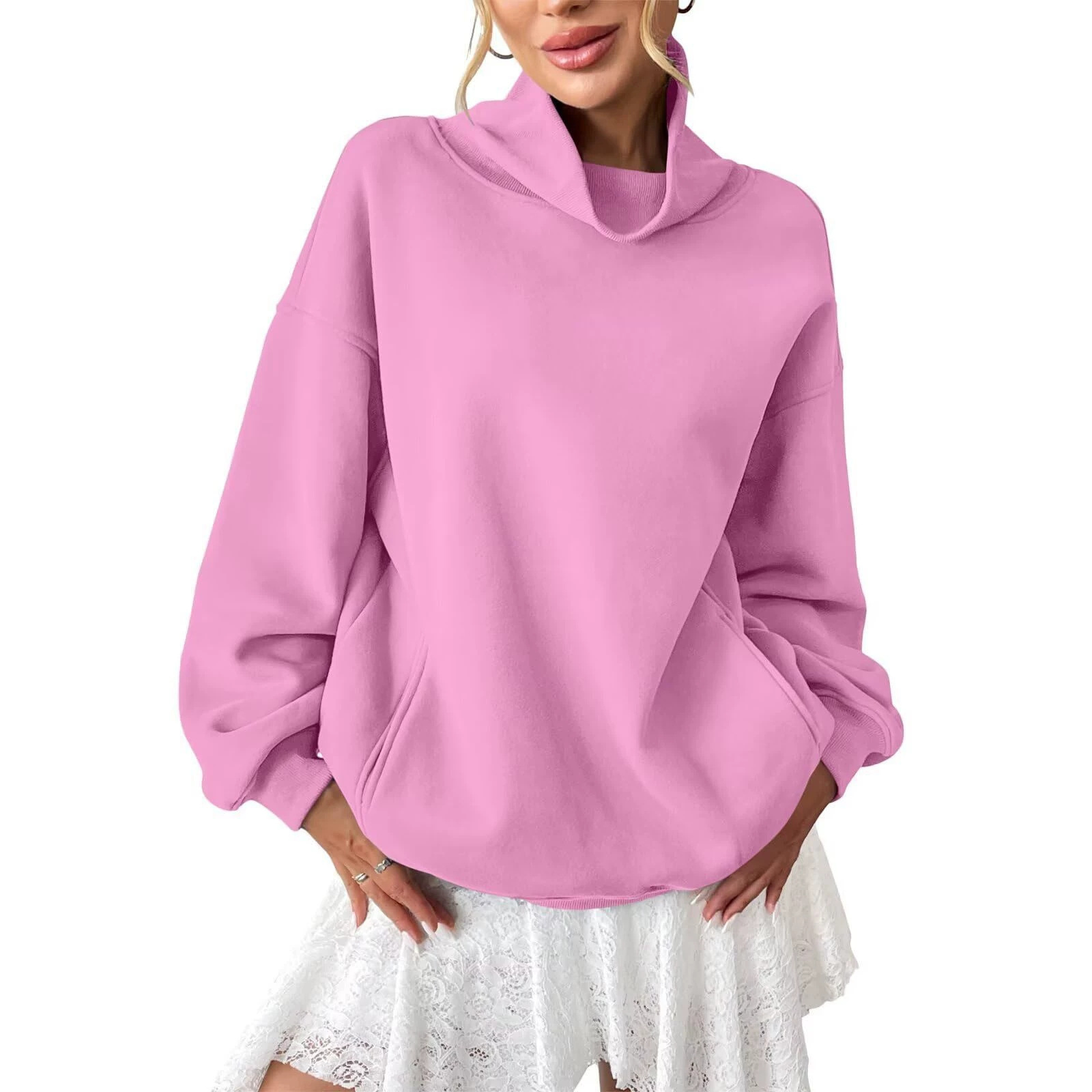 Womens Loose-fit Pullover Turtleneck Long-sleeve Sweatshirt